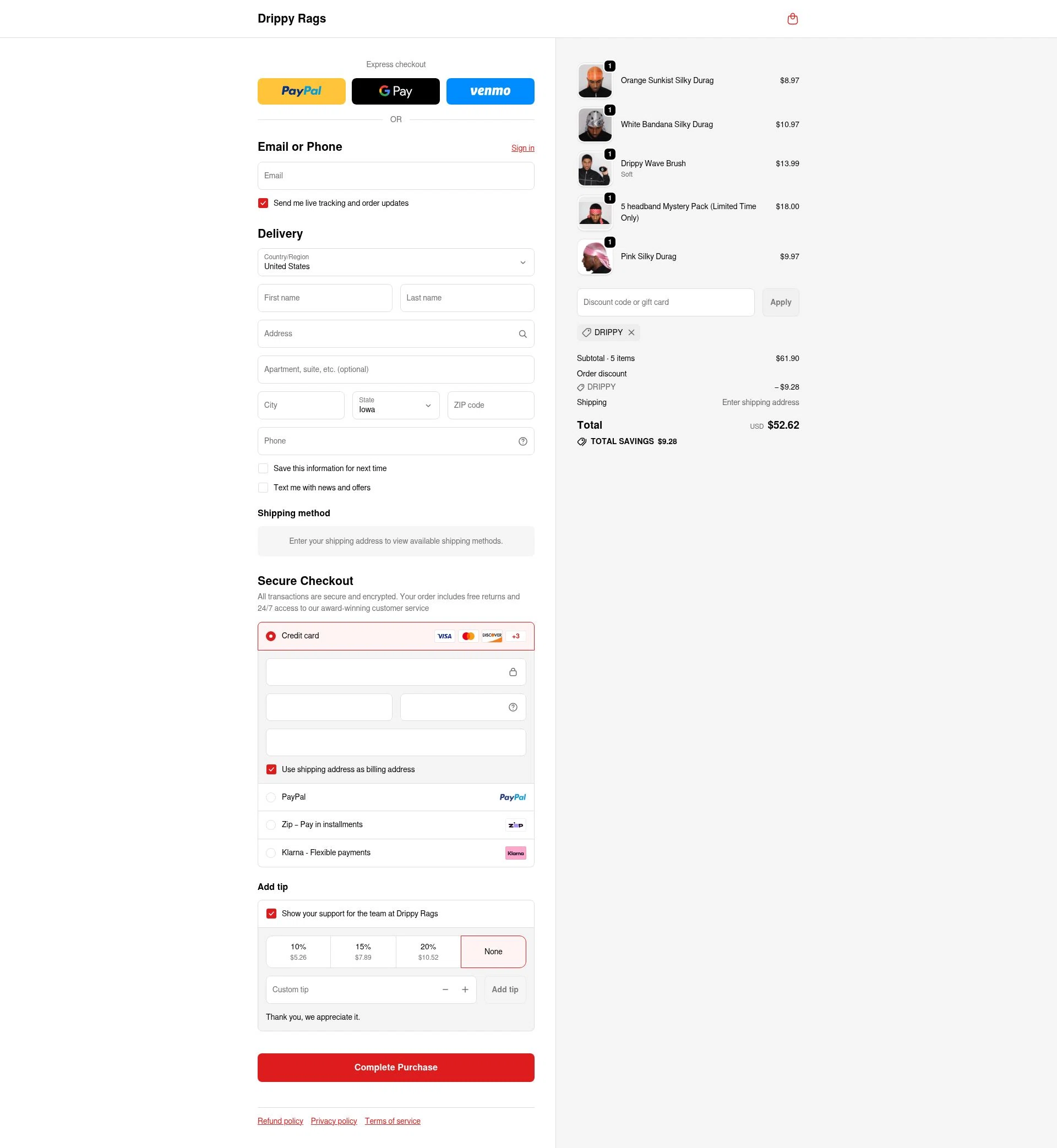 Drippy Rags checkout page showing Drippy Rags discount code box | Screenshot taken by SimplyCodes community member on Feb 10, 2026