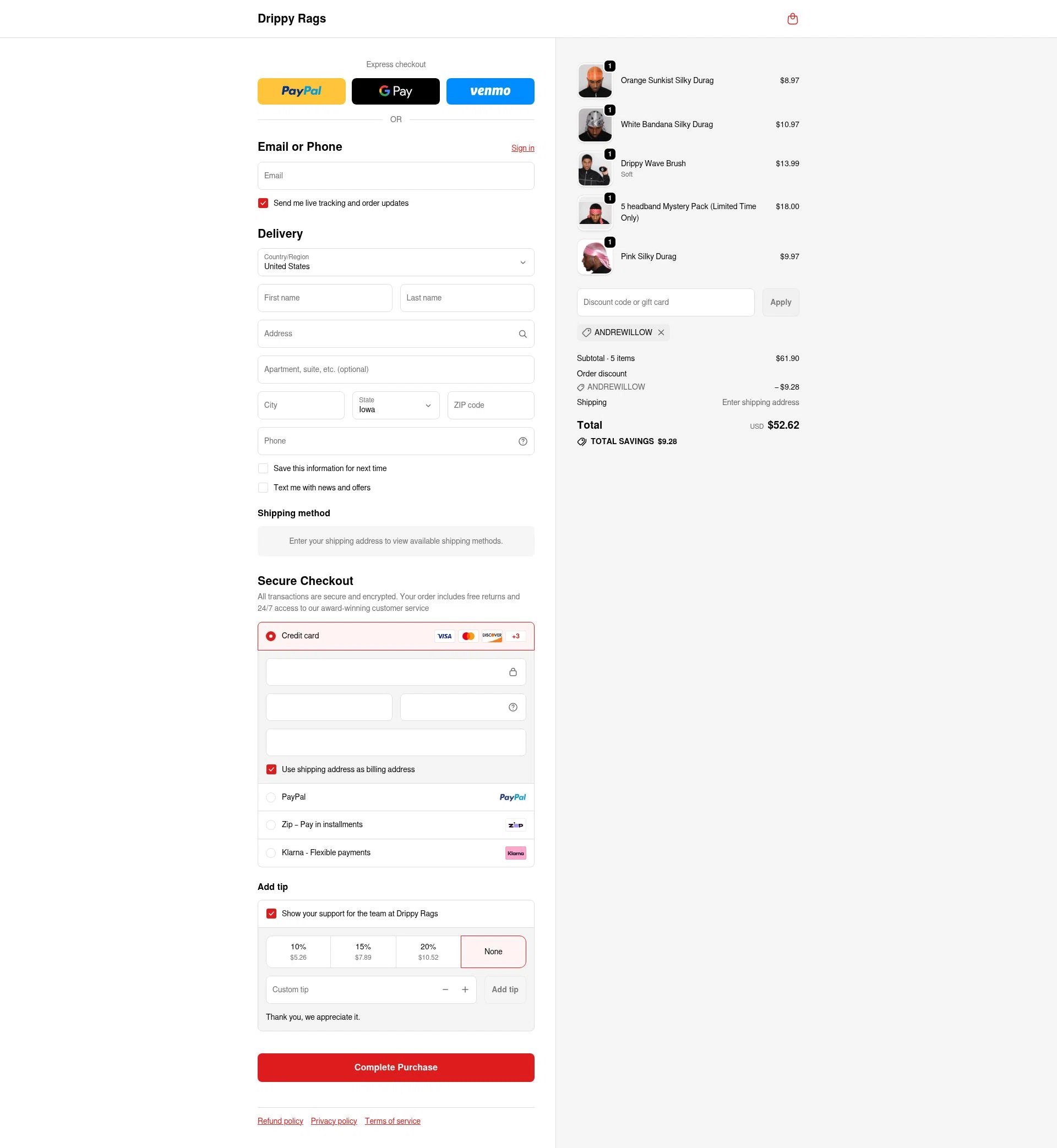 Drippy Rags checkout page showing Drippy Rags discount code box | Screenshot taken by SimplyCodes community member on Feb 10, 2026