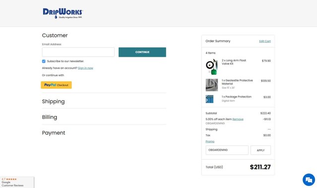 Dripworks checkout page showing Dripworks coupon code box | Screenshot taken by SimplyCodes community member on Jul 29, 2025