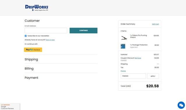 Dripworks checkout page showing Dripworks coupon code box | Screenshot taken by SimplyCodes community member on Jul 24, 2025