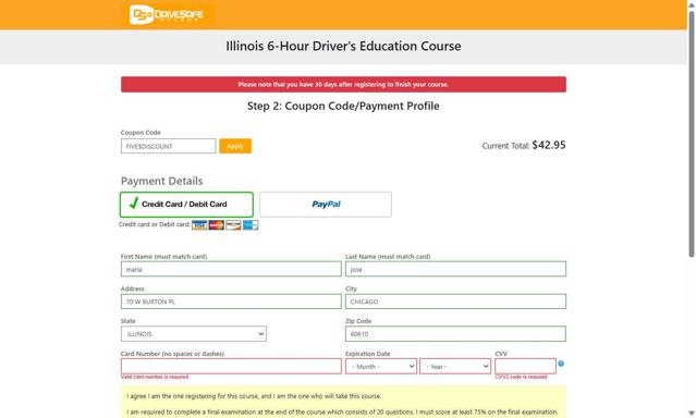 DriveSafe Online checkout page showing DriveSafe Online coupon code box | Screenshot taken by SimplyCodes community member on Aug 20, 2025
