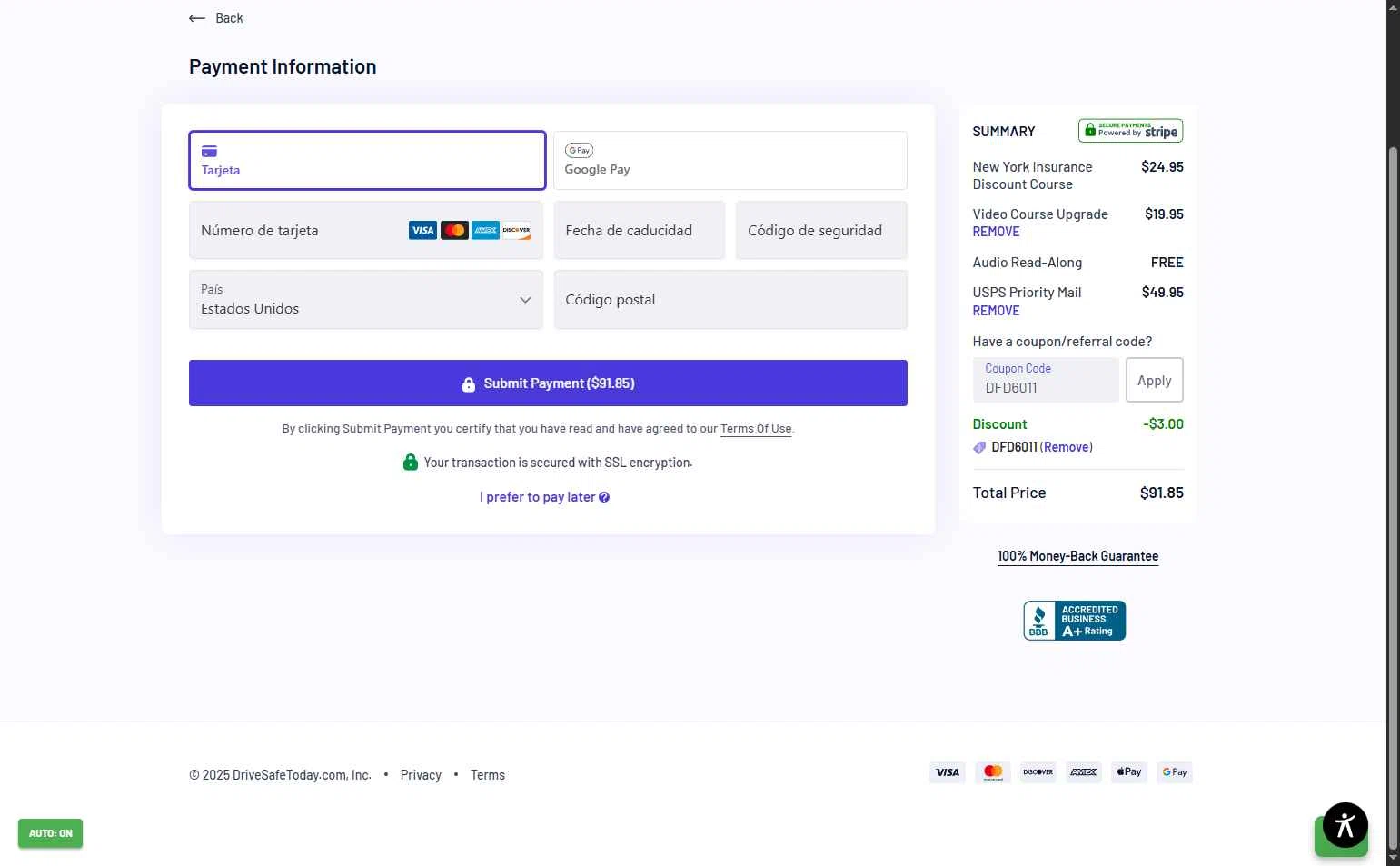 DriveSafeToday.com checkout page showing DriveSafeToday.com promo code box | Screenshot taken by SimplyCodes community member on Dec 8, 2025