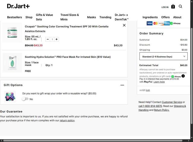 Dr. Jart+ checkout page showing Dr. Jart+ promo code box | Screenshot taken by SimplyCodes community member on Aug 14, 2025