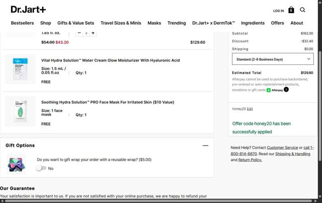 Dr. Jart+ checkout page showing Dr. Jart+ promo code box | Screenshot taken by SimplyCodes community member on Jul 31, 2025