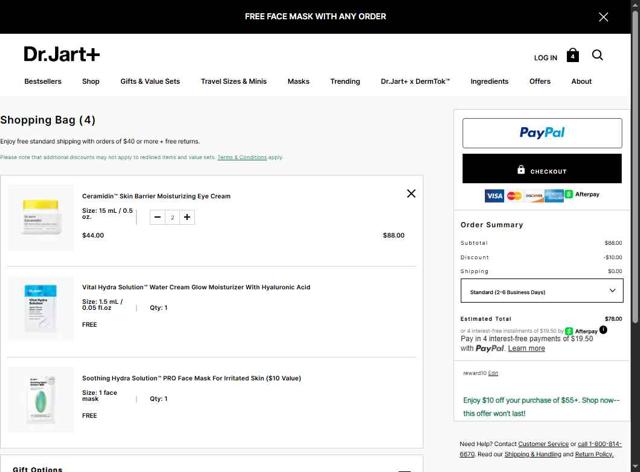 Dr. Jart+ checkout page showing Dr. Jart+ promo code box | Screenshot taken by SimplyCodes community member on Jul 31, 2025