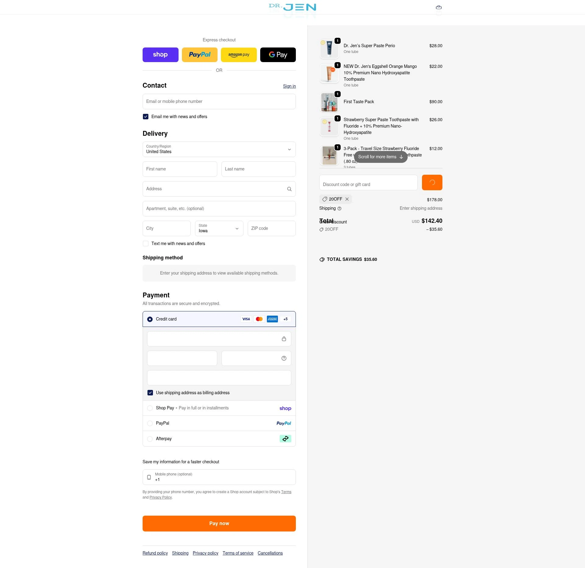 Dr. Jen Natural checkout page showing Dr. Jen Natural coupon code box | Screenshot taken by SimplyCodes community member on Feb 20, 2026