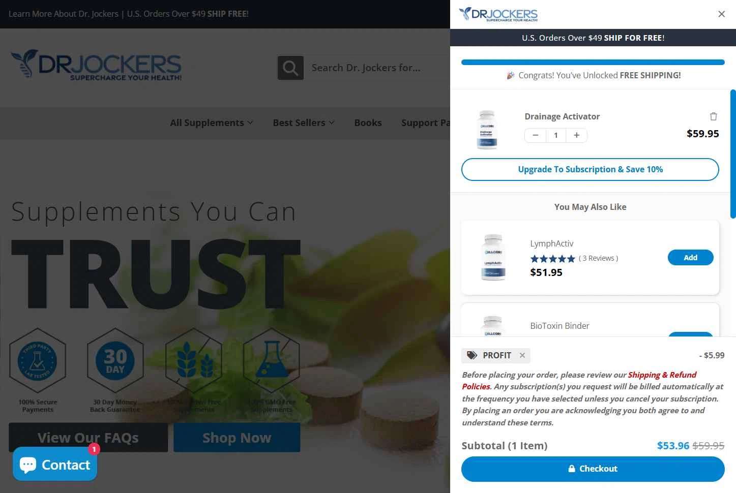 Dr. Jockers checkout page showing Dr. Jockers discount code box | Screenshot taken by SimplyCodes community member on Dec 7, 2025