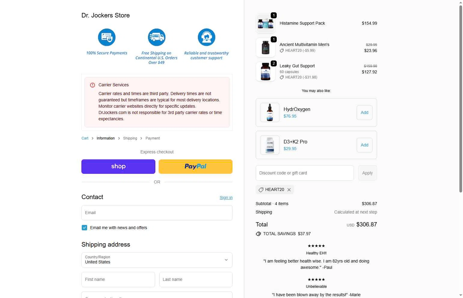 Dr. Jockers checkout page showing Dr. Jockers discount code box | Screenshot taken by SimplyCodes community member on Feb 5, 2026