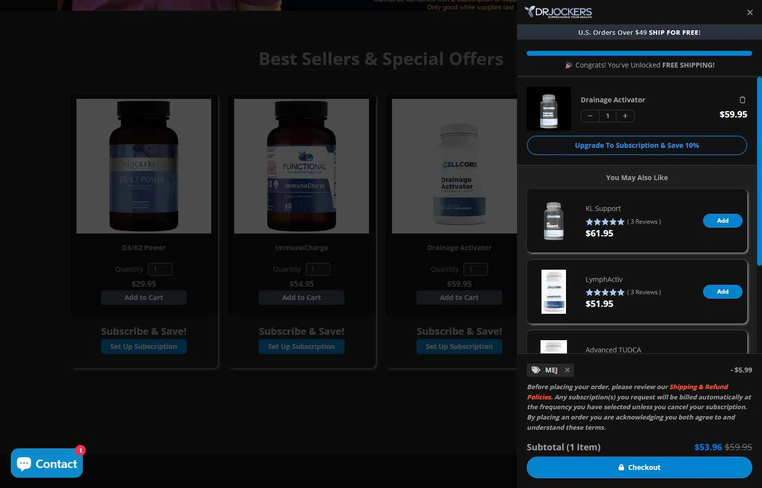 Dr. Jockers checkout page showing Dr. Jockers discount code box | Screenshot taken by SimplyCodes community member on Jan 5, 2026