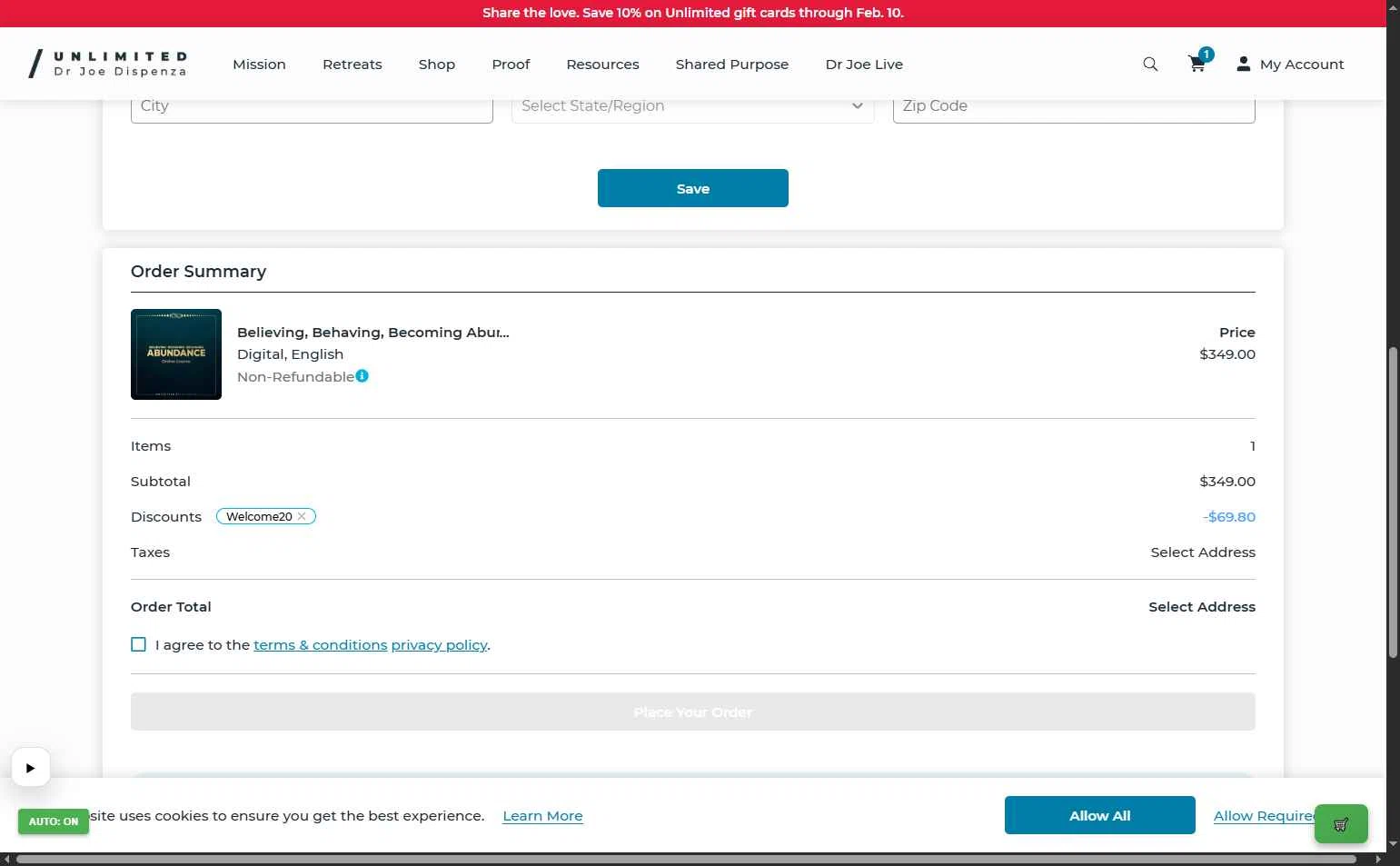 Dr. Joe Dispenza checkout page showing Dr. Joe Dispenza promo code box | Screenshot taken by SimplyCodes community member on Feb 4, 2026