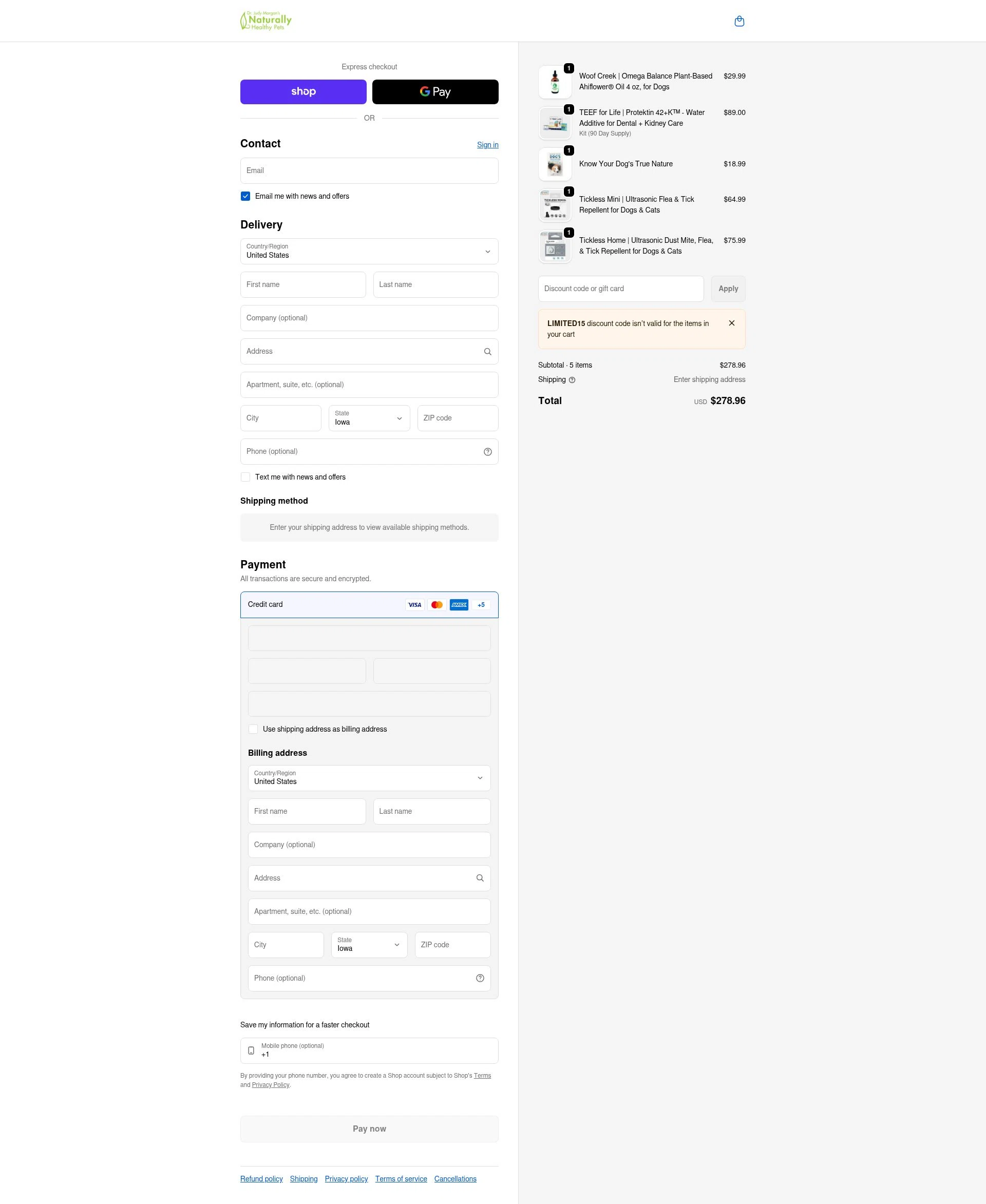 Dr. Judy Morgan's Naturally Healthy Pets checkout page showing Dr. Judy Morgan's Naturally Healthy Pets promo code box | Screenshot taken by SimplyCodes community member on Feb 6, 2026