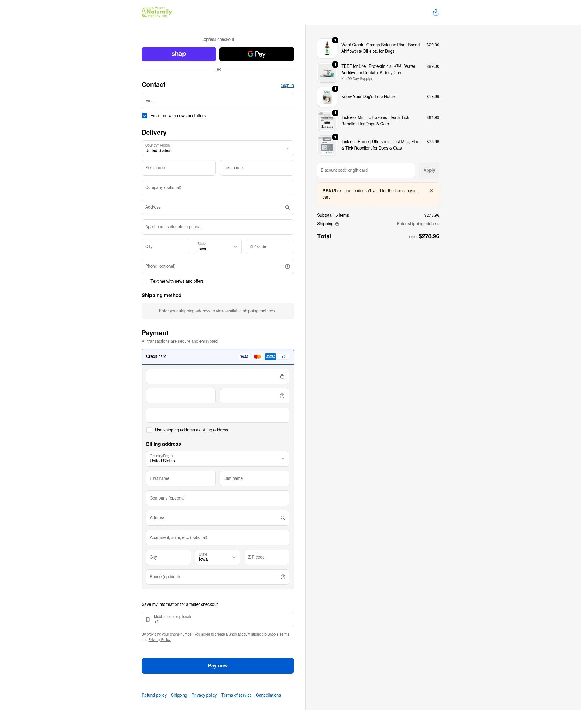 Dr. Judy Morgan's Naturally Healthy Pets checkout page showing Dr. Judy Morgan's Naturally Healthy Pets promo code box | Screenshot taken by SimplyCodes community member on Feb 6, 2026