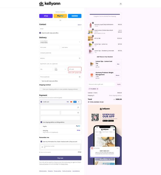 Dr. Kellyann checkout page showing Dr. Kellyann discount code box | Screenshot taken by SimplyCodes community member on Sep 13, 2025