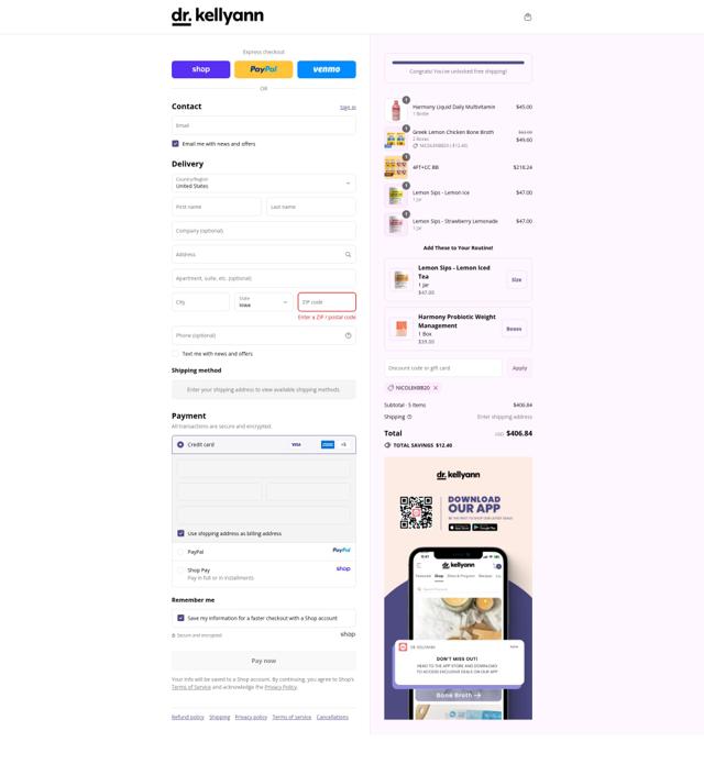 Dr. Kellyann checkout page showing Dr. Kellyann discount code box | Screenshot taken by SimplyCodes community member on Sep 13, 2025