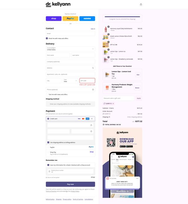 Dr. Kellyann checkout page showing Dr. Kellyann discount code box | Screenshot taken by SimplyCodes community member on Sep 13, 2025