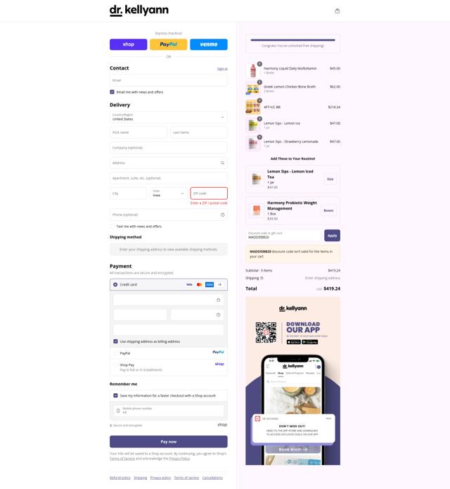 Dr. Kellyann checkout page showing Dr. Kellyann discount code box | Screenshot taken by SimplyCodes community member on Sep 13, 2025