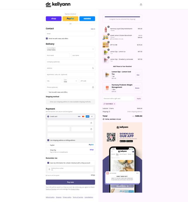 Dr. Kellyann checkout page showing Dr. Kellyann discount code box | Screenshot taken by SimplyCodes community member on Sep 13, 2025