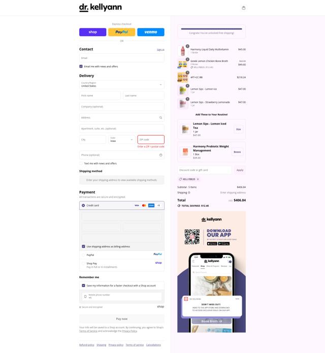 Dr. Kellyann checkout page showing Dr. Kellyann discount code box | Screenshot taken by SimplyCodes community member on Sep 13, 2025