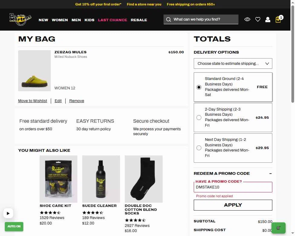 Verification screenshot for 10% Off Clearance Items at Dr. Martens - 5d ago