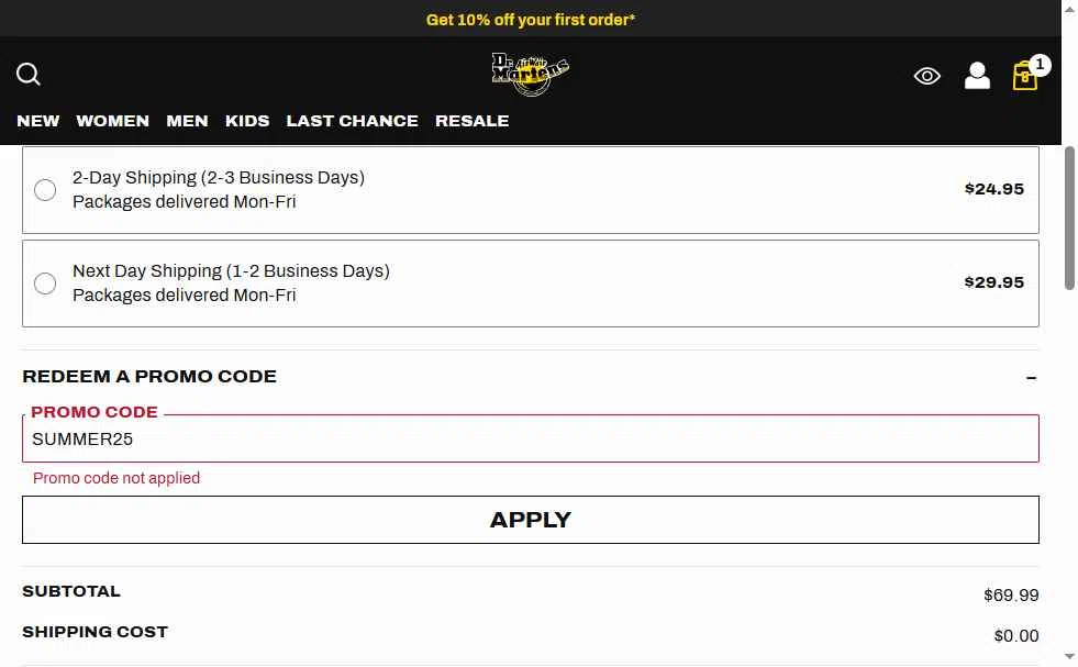 Verification screenshot for 25% Off Last Chance Styles at Dr. Martens - 49d ago