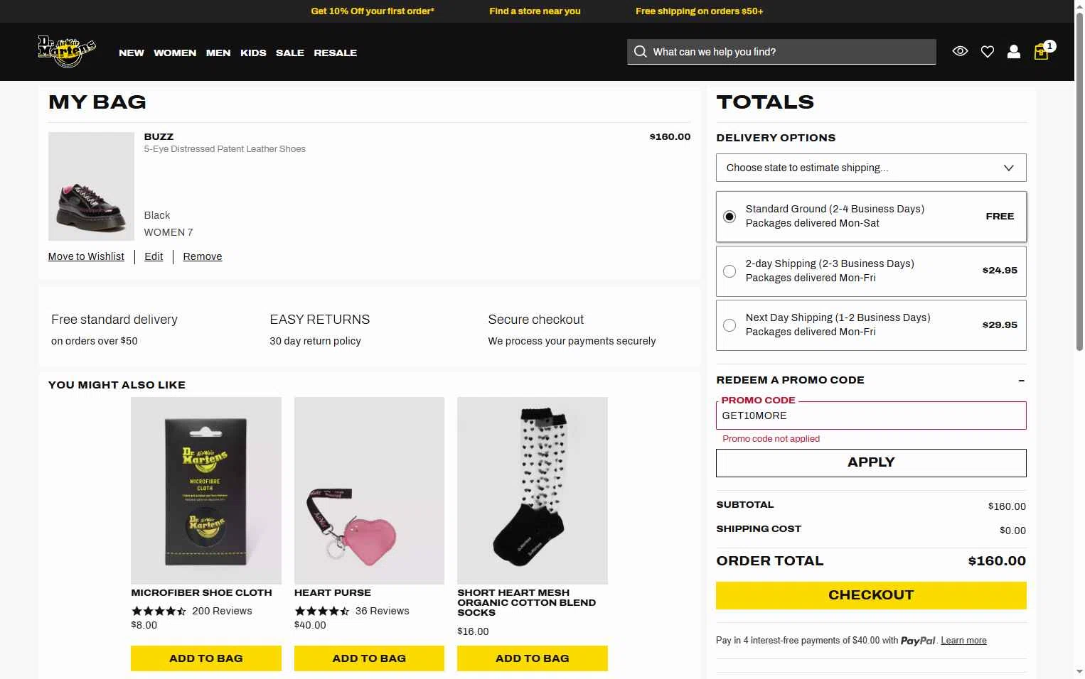 Dr. Martens checkout page showing Dr. Martens promo code box | Screenshot taken by SimplyCodes community member on Feb 5, 2026