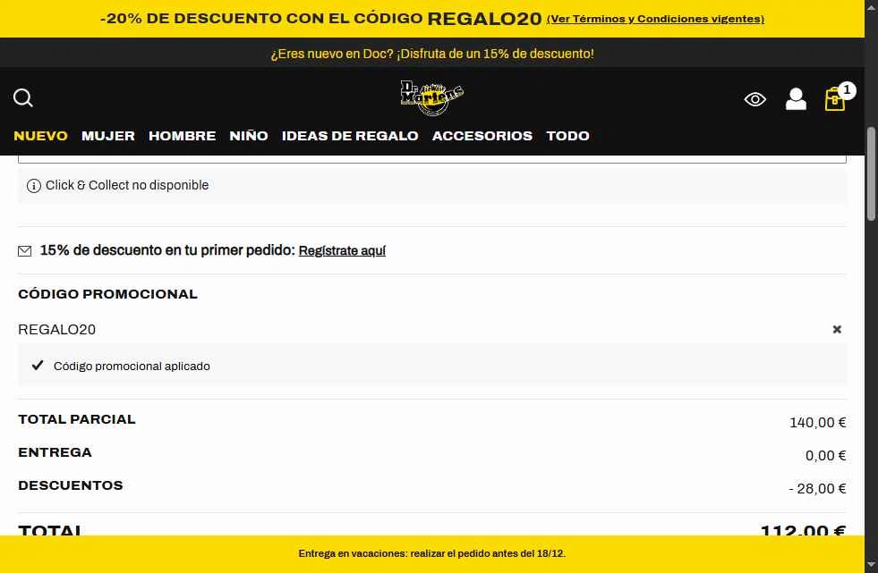 Dr. Martens checkout page showing Dr. Martens promo code box | Screenshot taken by SimplyCodes community member on Dec 14, 2025
