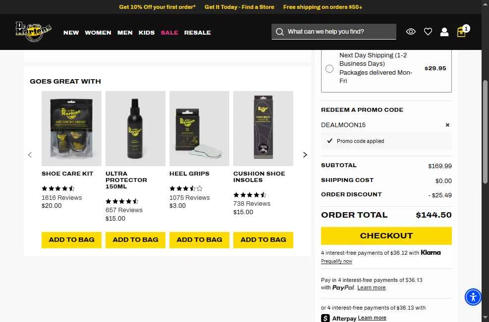 Dr. Martens checkout page showing Dr. Martens promo code box | Screenshot taken by SimplyCodes community member on Dec 28, 2025