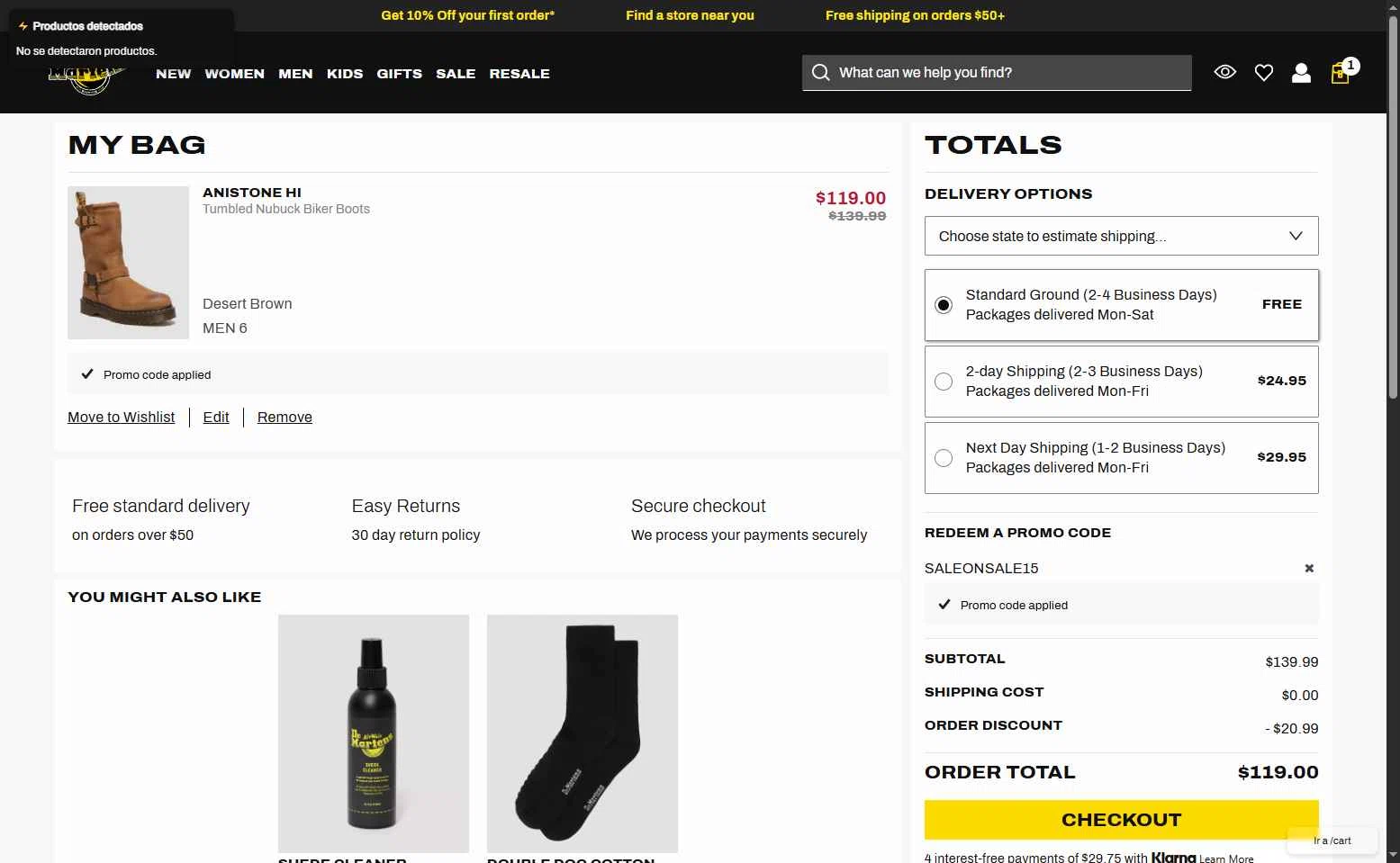Dr. Martens checkout page showing Dr. Martens promo code box | Screenshot taken by SimplyCodes community member on Oct 29, 2025