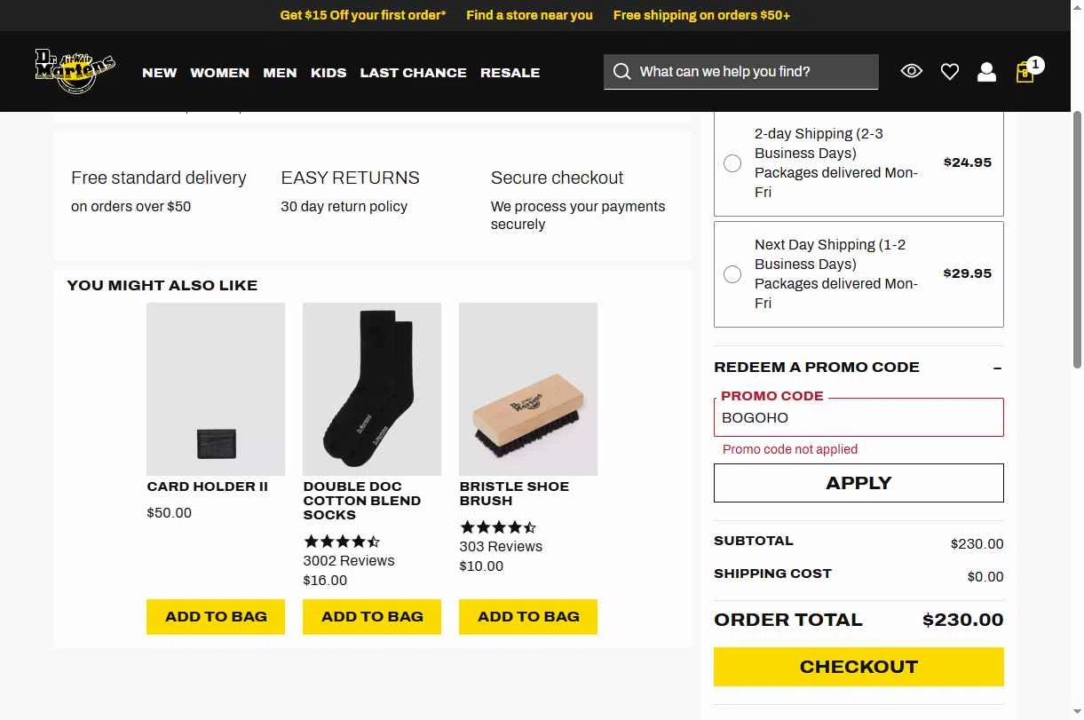 Dr. Martens checkout page showing Dr. Martens promo code box | Screenshot taken by SimplyCodes community member on Feb 26, 2026