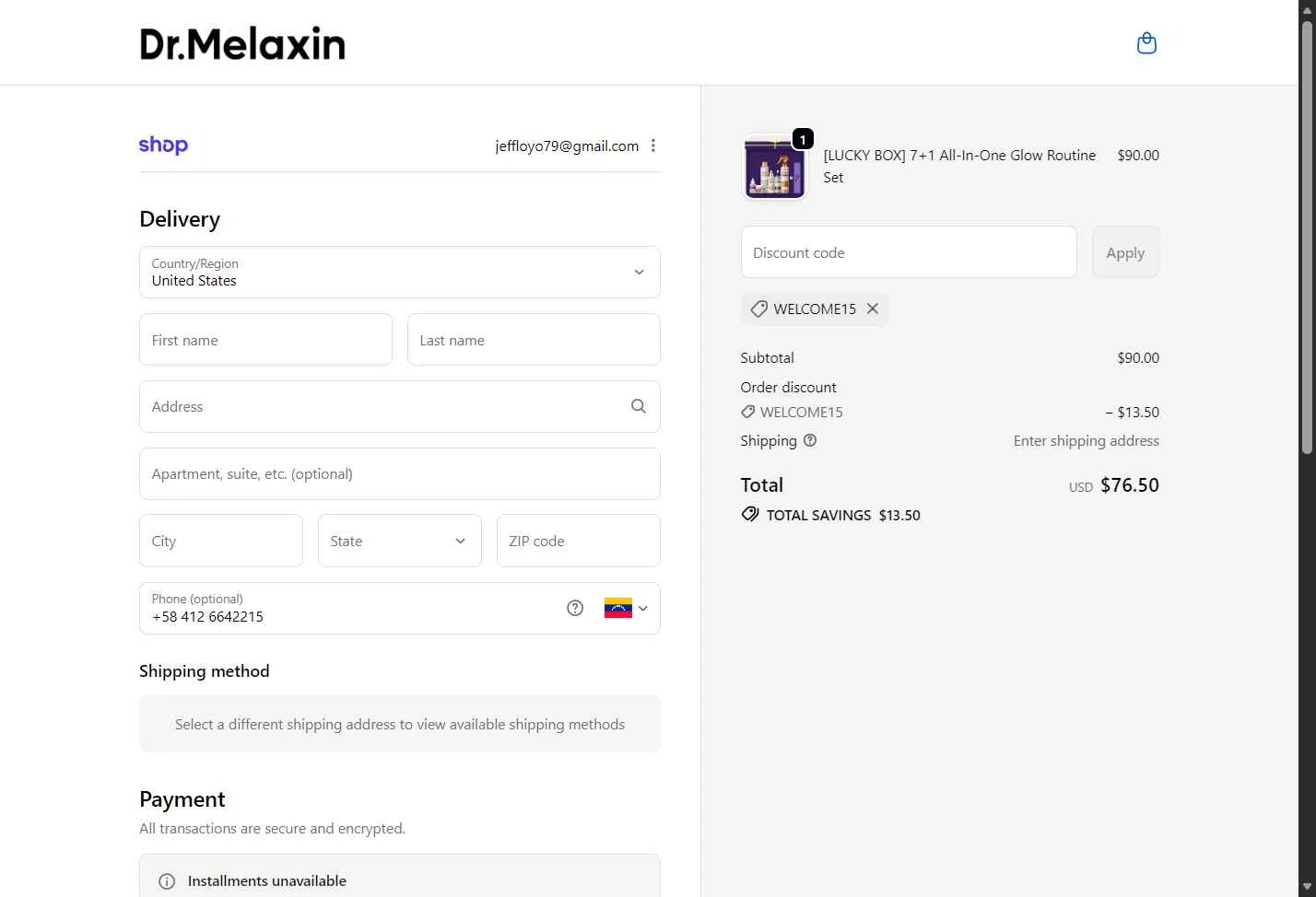Dr.Melaxin US checkout page showing Dr.Melaxin US promo code box | Screenshot taken by SimplyCodes community member on Jan 24, 2026