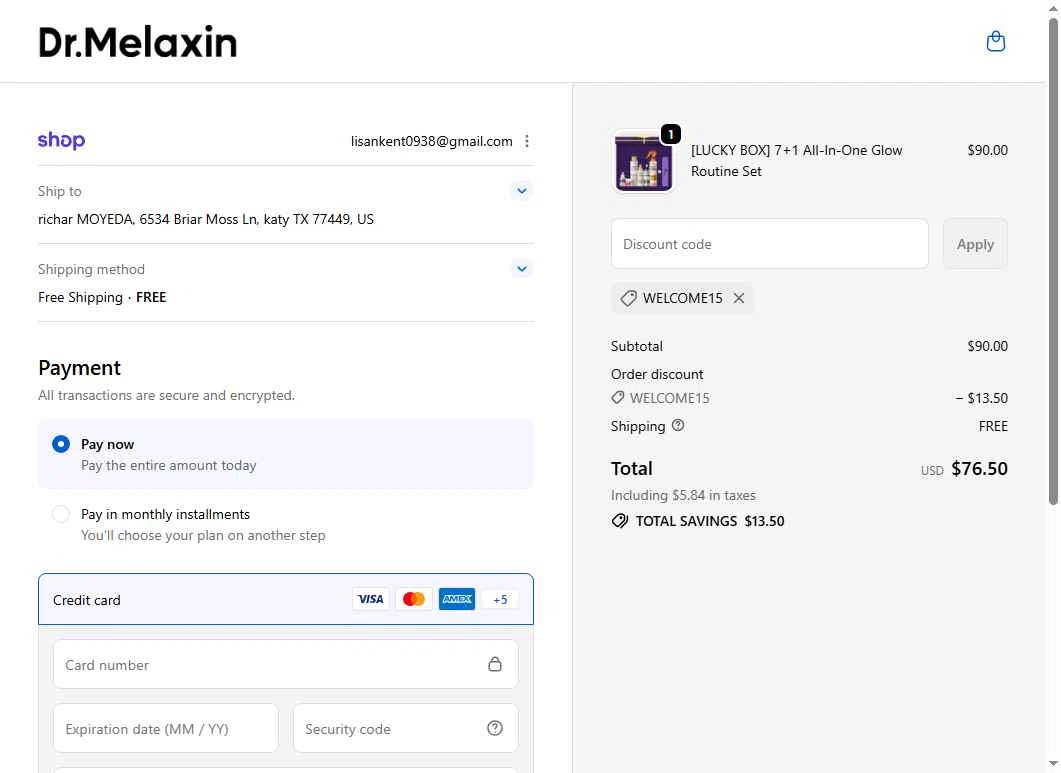 Dr.Melaxin US checkout page showing Dr.Melaxin US promo code box | Screenshot taken by SimplyCodes community member on Jan 18, 2026