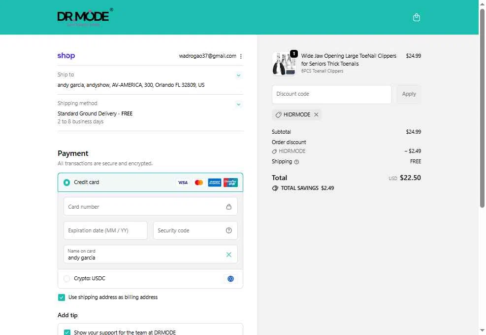 DRMODE checkout page showing DRMODE promo code box | Screenshot taken by SimplyCodes community member on Dec 4, 2025