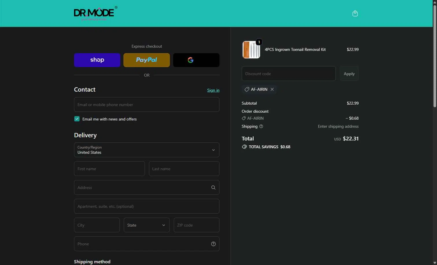 DRMODE checkout page showing DRMODE promo code box | Screenshot taken by SimplyCodes community member on Jan 27, 2026