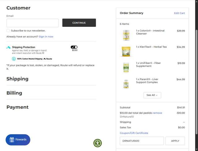 DrNatura checkout page showing DrNatura coupon code box | Screenshot taken by SimplyCodes community member on Jun 14, 2025