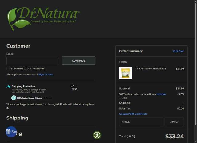 DrNatura checkout page showing DrNatura coupon code box | Screenshot taken by SimplyCodes community member on May 22, 2025