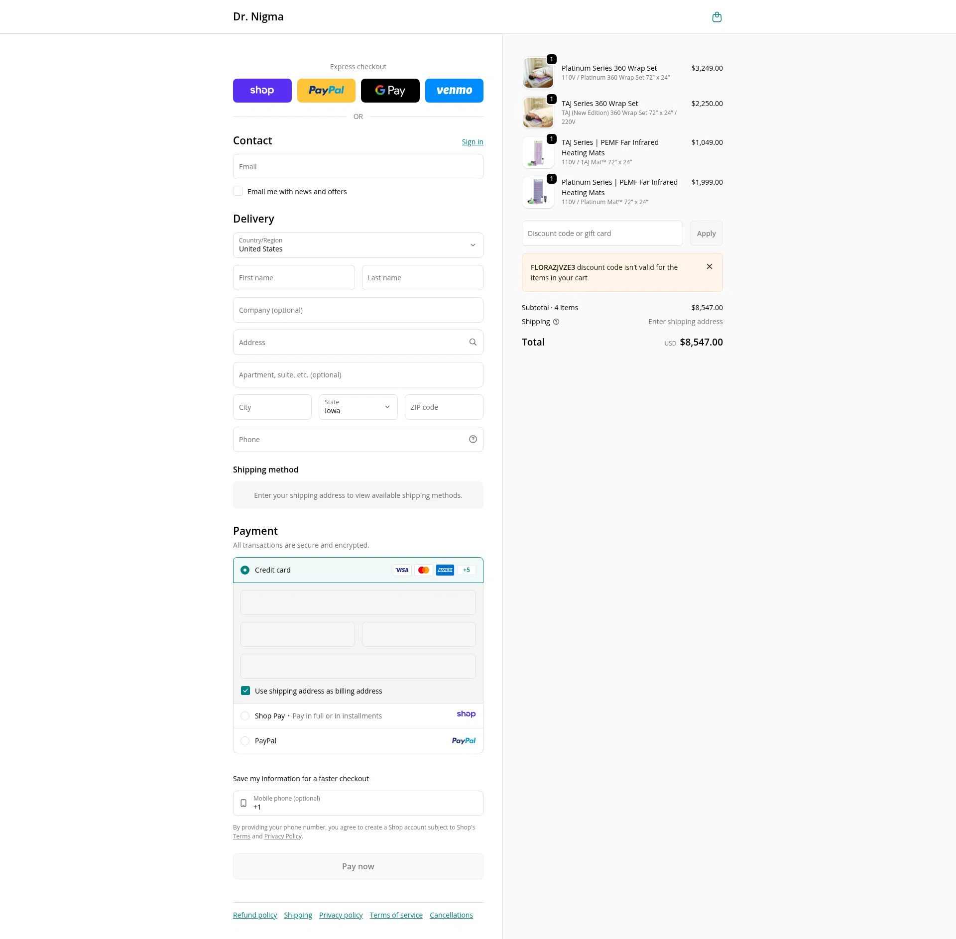 Dr. Nigma Talib checkout page showing Dr. Nigma Talib promo code box | Screenshot taken by SimplyCodes community member on Jan 8, 2026