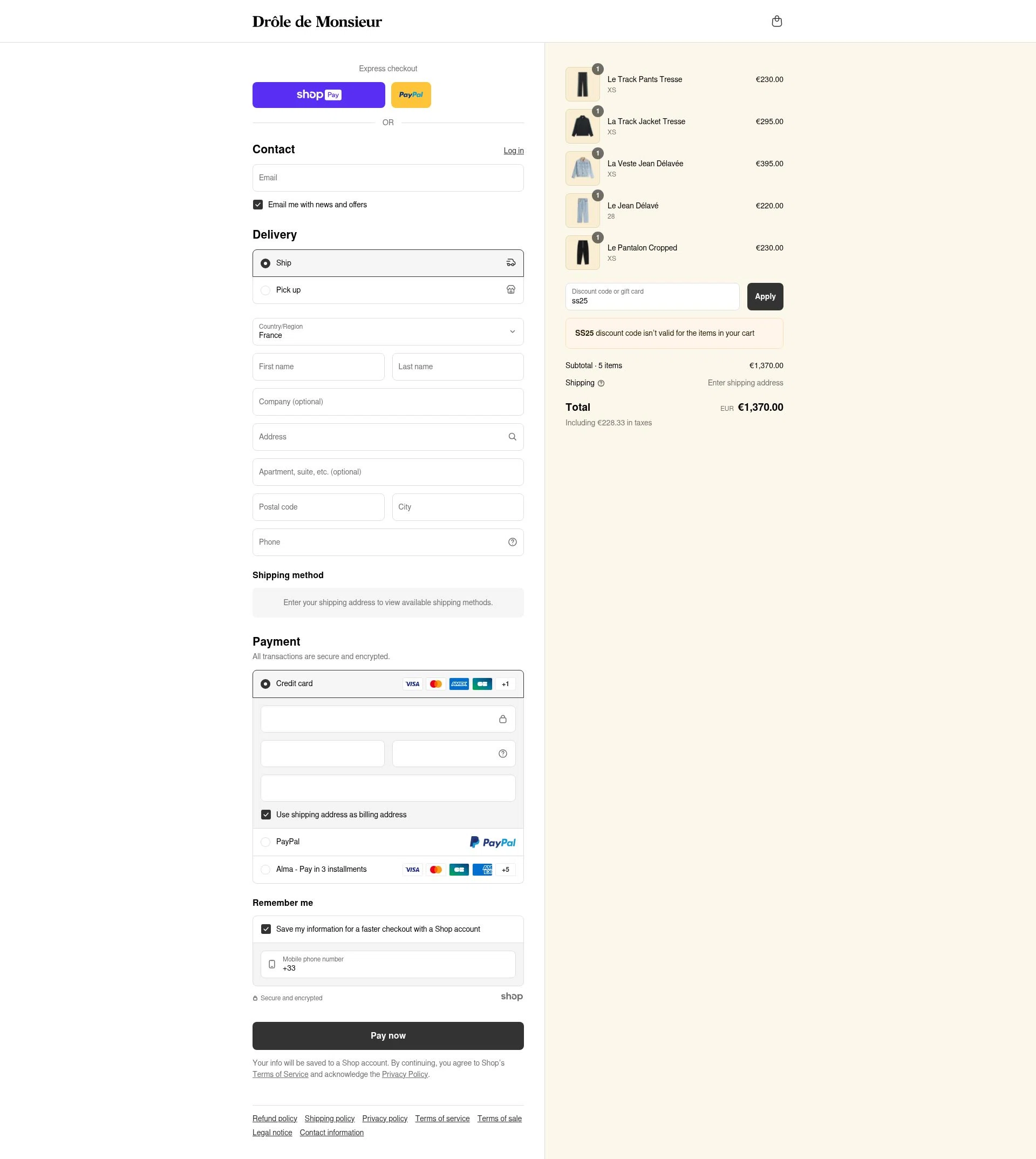 Drole de Monsieur checkout page showing Drole de Monsieur discount code box | Screenshot taken by SimplyCodes community member on Jul 22, 2025