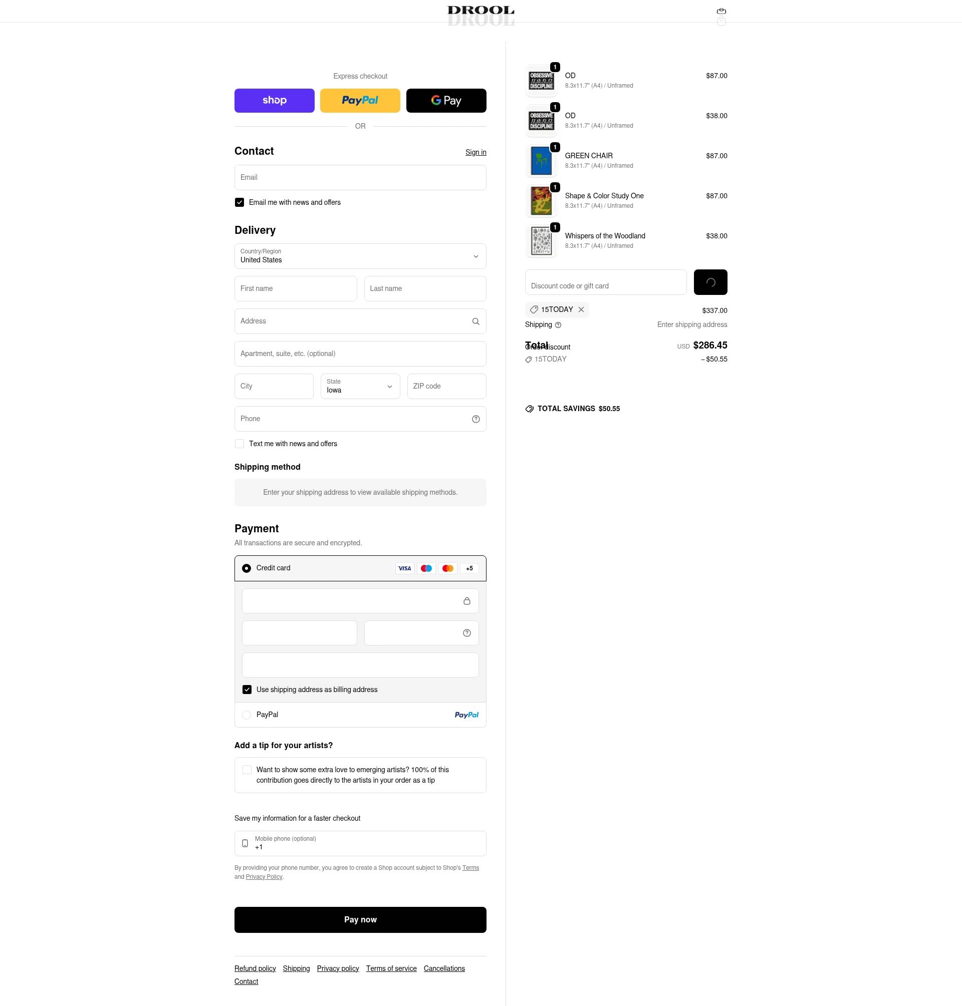 DROOL checkout page showing DROOL discount code box | Screenshot taken by SimplyCodes community member on Feb 7, 2026