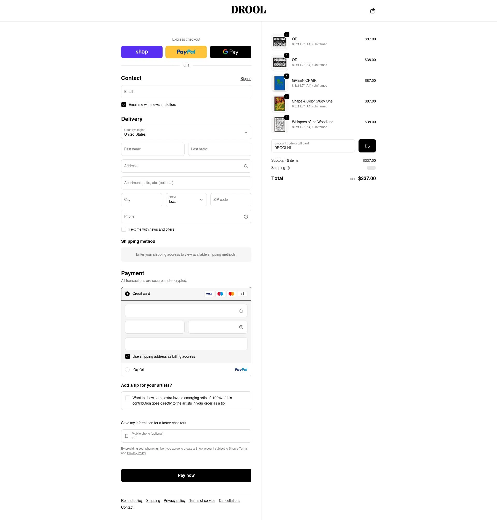 DROOL checkout page showing DROOL discount code box | Screenshot taken by SimplyCodes community member on Feb 7, 2026