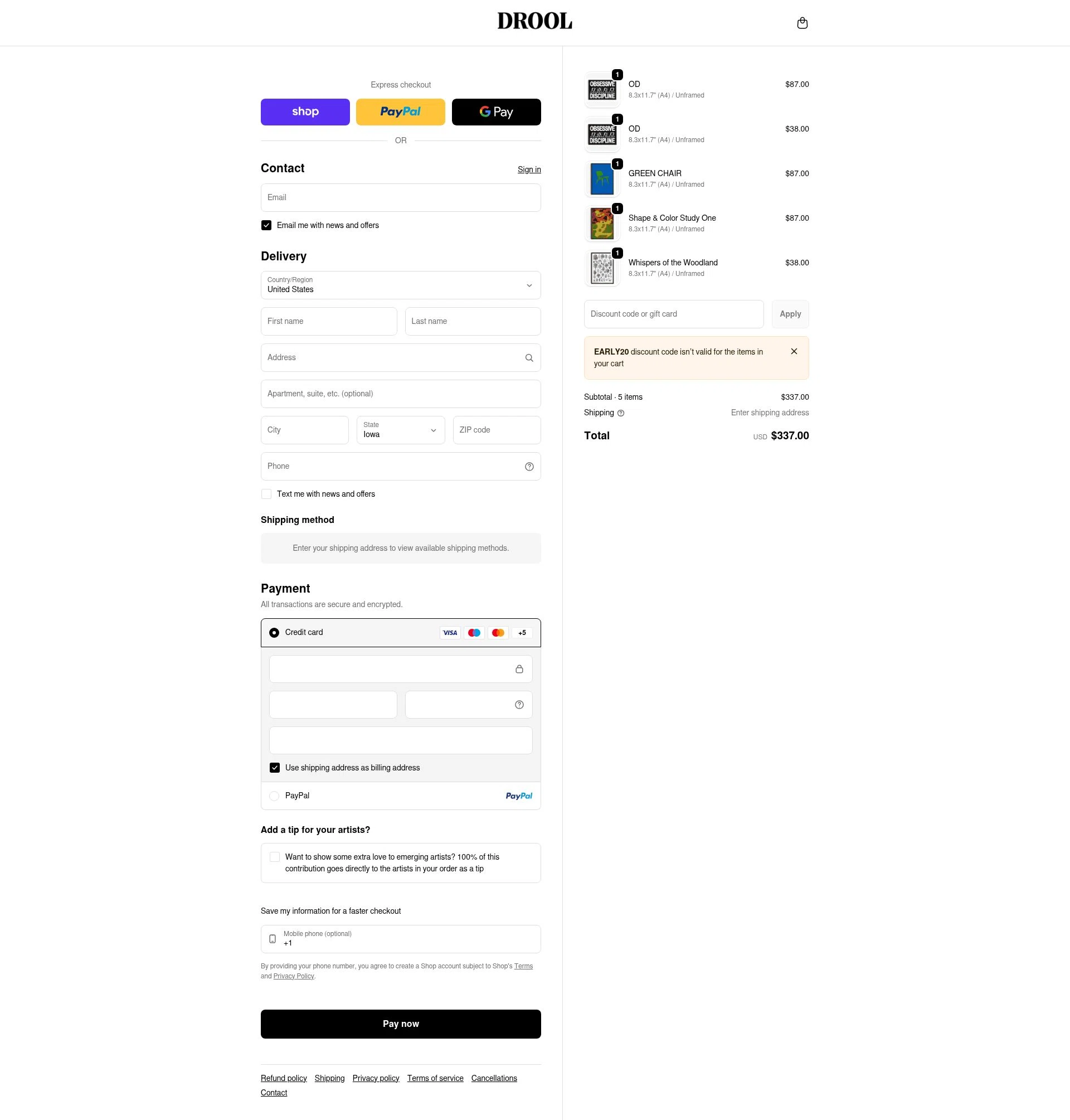 DROOL checkout page showing DROOL discount code box | Screenshot taken by SimplyCodes community member on Feb 7, 2026