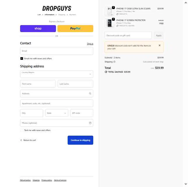 DROPGUYS checkout page showing DROPGUYS discount code box | Screenshot taken by SimplyCodes community member on Jan 14, 2026