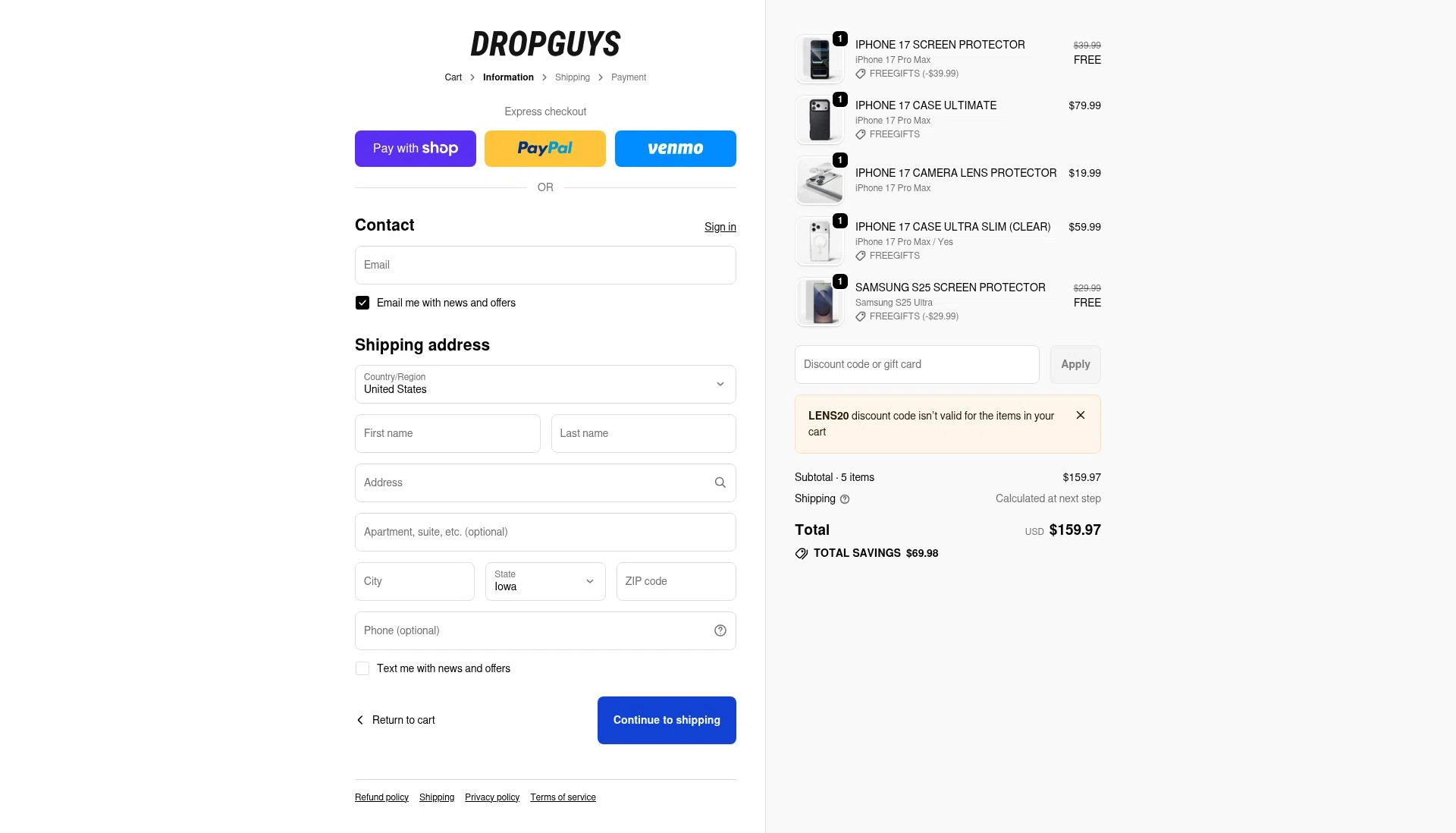 DROPGUYS checkout page showing DROPGUYS discount code box | Screenshot taken by SimplyCodes community member on Jan 7, 2026
