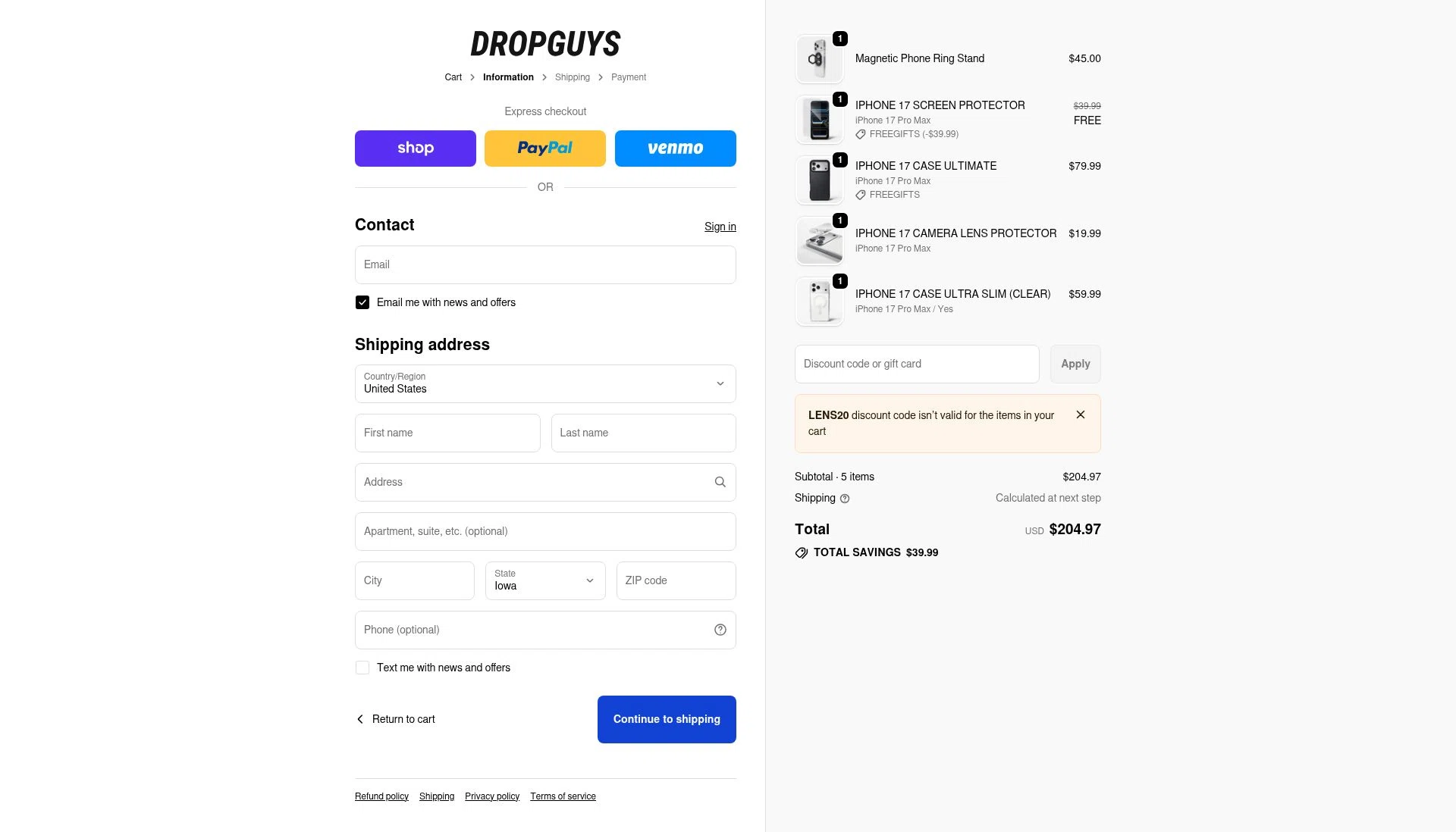DROPGUYS checkout page showing DROPGUYS discount code box | Screenshot taken by SimplyCodes community member on Jan 31, 2026