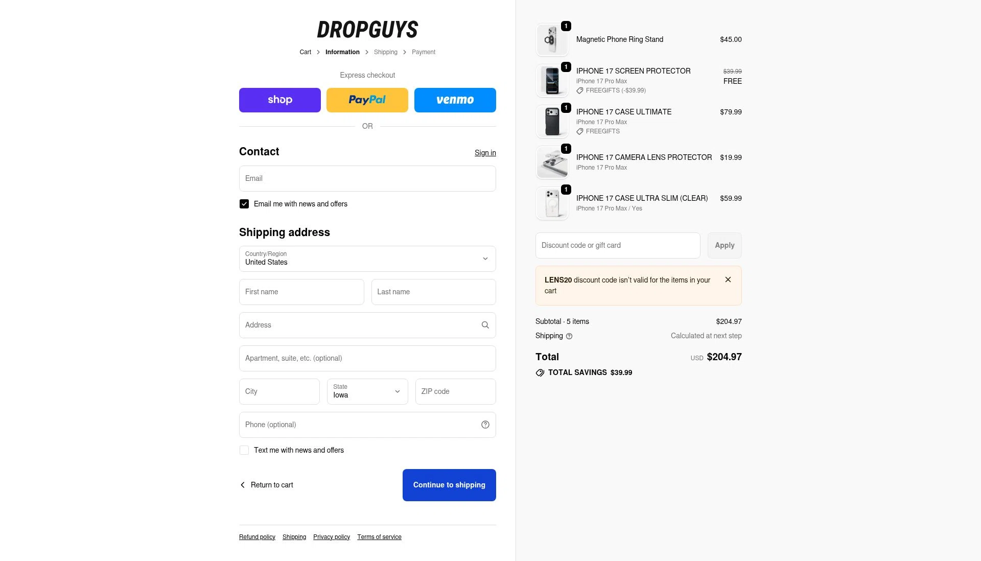 DROPGUYS checkout page showing DROPGUYS discount code box | Screenshot taken by SimplyCodes community member on Feb 13, 2026