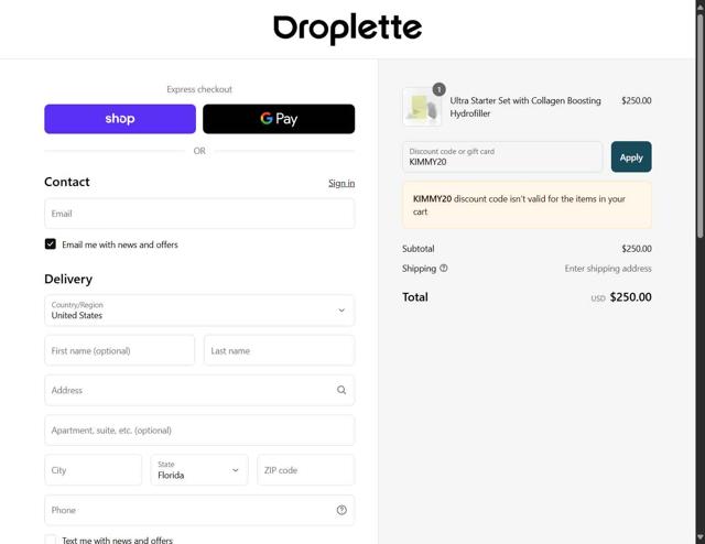 Droplette checkout page showing Droplette discount code box | Screenshot taken by SimplyCodes community member on Sep 14, 2025