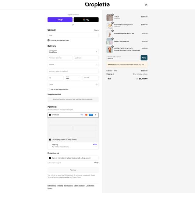 Droplette checkout page showing Droplette discount code box | Screenshot taken by SimplyCodes community member on Sep 14, 2025