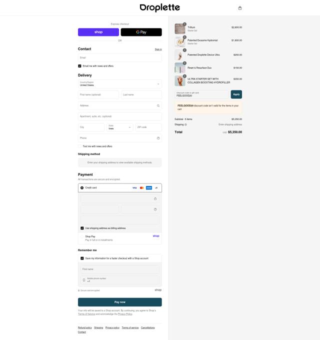 Droplette checkout page showing Droplette discount code box | Screenshot taken by SimplyCodes community member on Sep 14, 2025