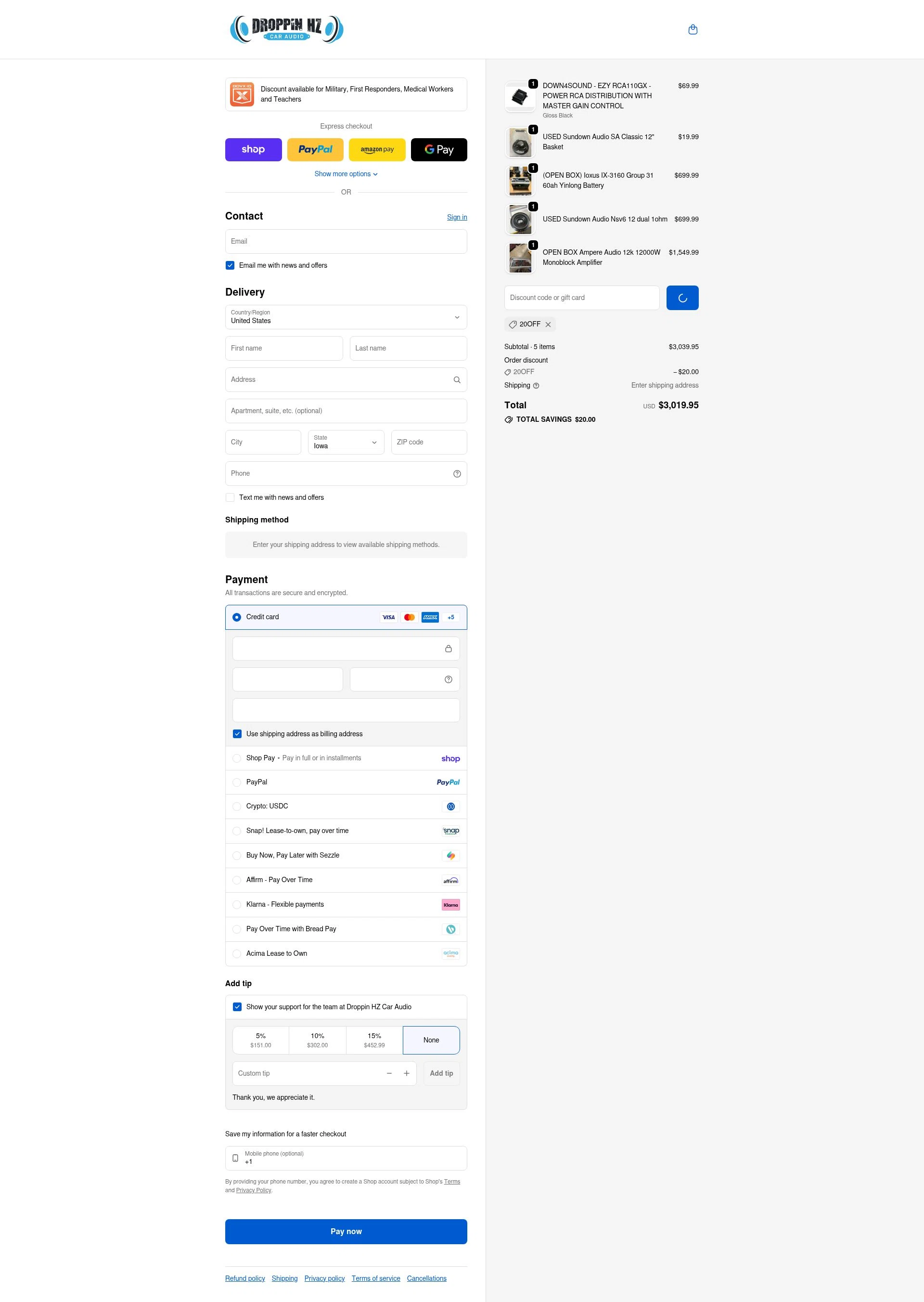 Droppin HZ Car Audio checkout page showing Droppin HZ Car Audio promo code box | Screenshot taken by SimplyCodes community member on Feb 11, 2026