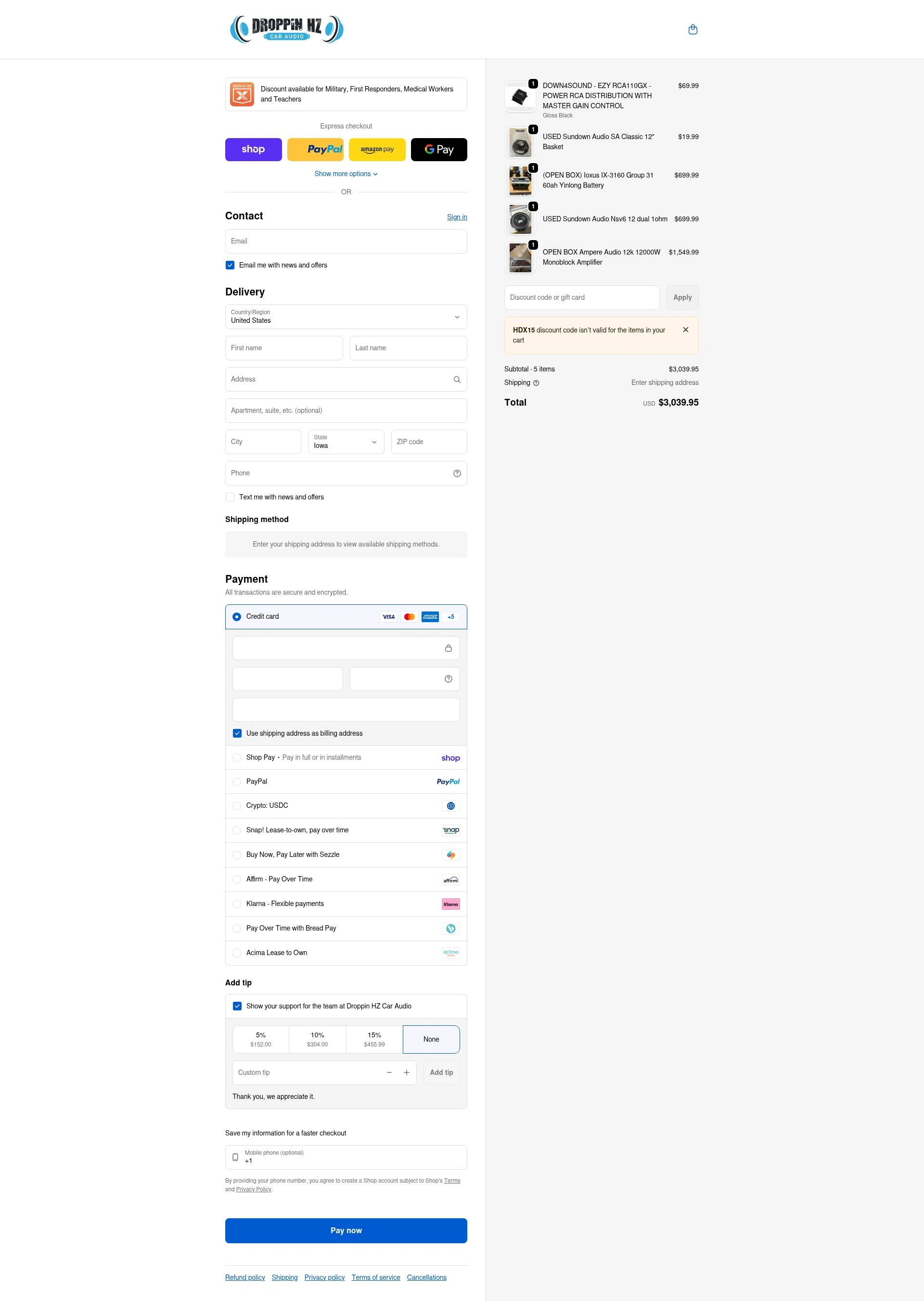 Droppin HZ Car Audio checkout page showing Droppin HZ Car Audio promo code box | Screenshot taken by SimplyCodes community member on Feb 11, 2026