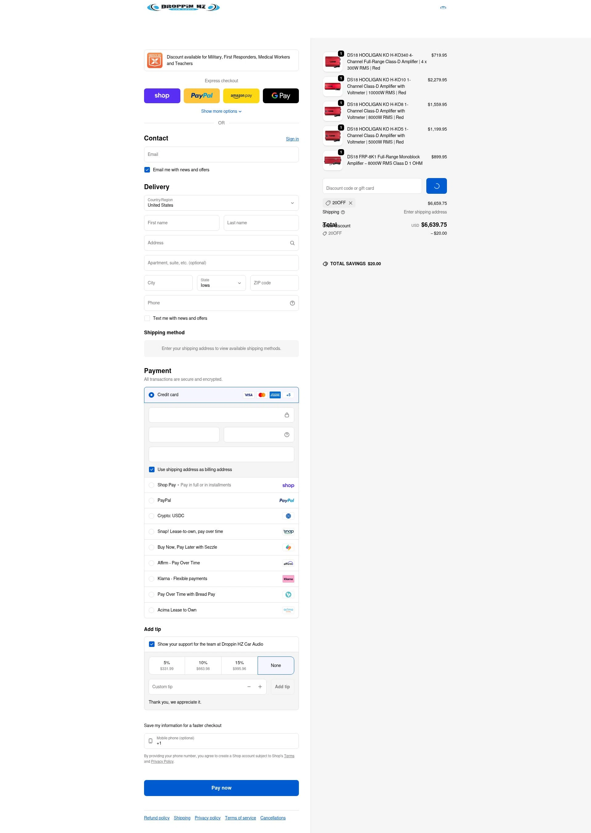Droppin HZ Car Audio checkout page showing Droppin HZ Car Audio promo code box | Screenshot taken by SimplyCodes community member on Feb 7, 2026